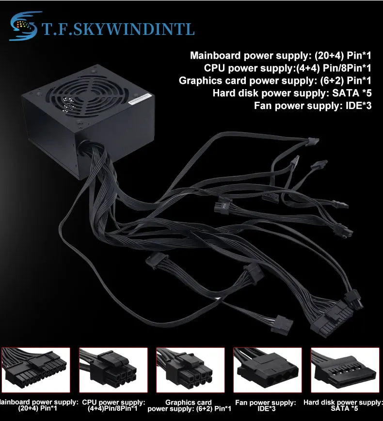 Unité d'alimentation PC 700W Noir Gaming Silencieux Ventilateur 120mm ATX 24 broches 12V pour ordinateur de bureau BTC