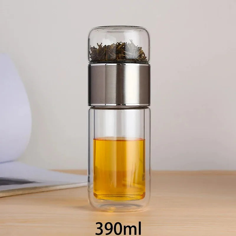 Bouteille d'eau à thé 420 ml en verre borosilicate double paroi avec infuseur pour thé, tasse à thé, gobelet, boisson avec filtre à thé