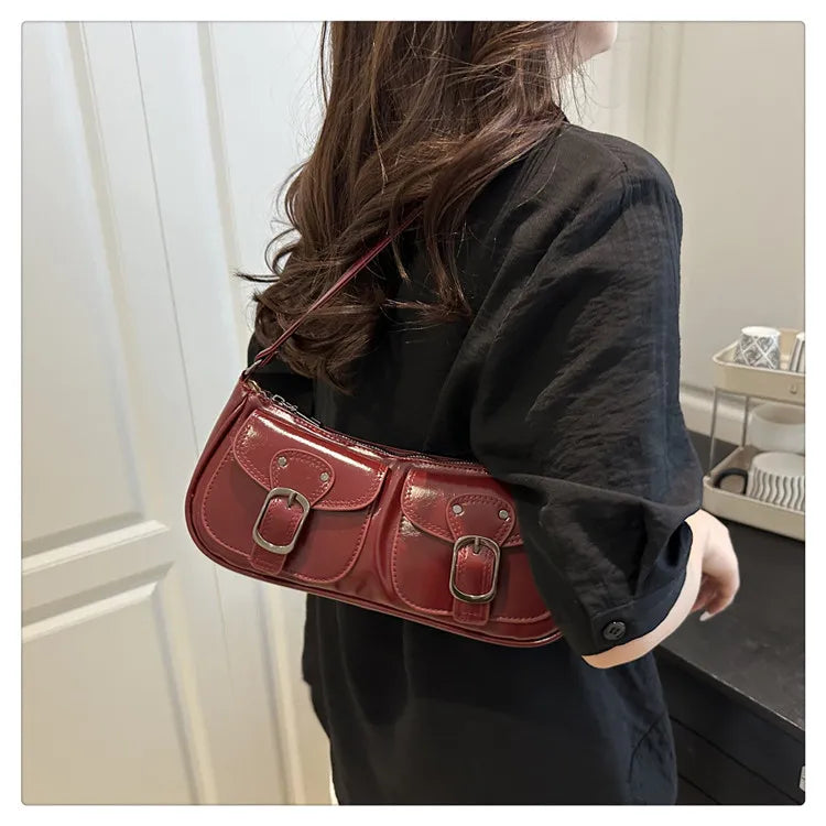 Fashion PU-Leder Damen Umhängetasche Kleine Doppel-Taschen Design Damen Achseltaschen Y2k Vintage Weibliche Handtaschen Clutch Geldbörse