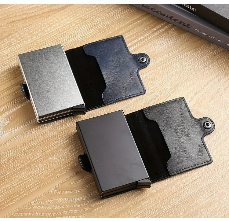 RFIDShieldPULather Automatic Pop-up Card Clamp,Double Aluminum Alloy Credit Card Wallet,With More than One Card Slots