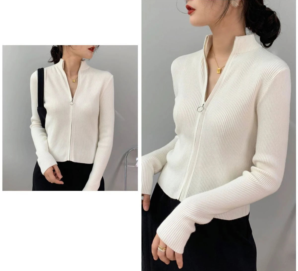 Frühling Herbst Reißverschluss Cardigan Damen Pullover Gestrickt Langarm Stehkragen Oberteile Koreanische Mode Kurzer Pullover für Damen