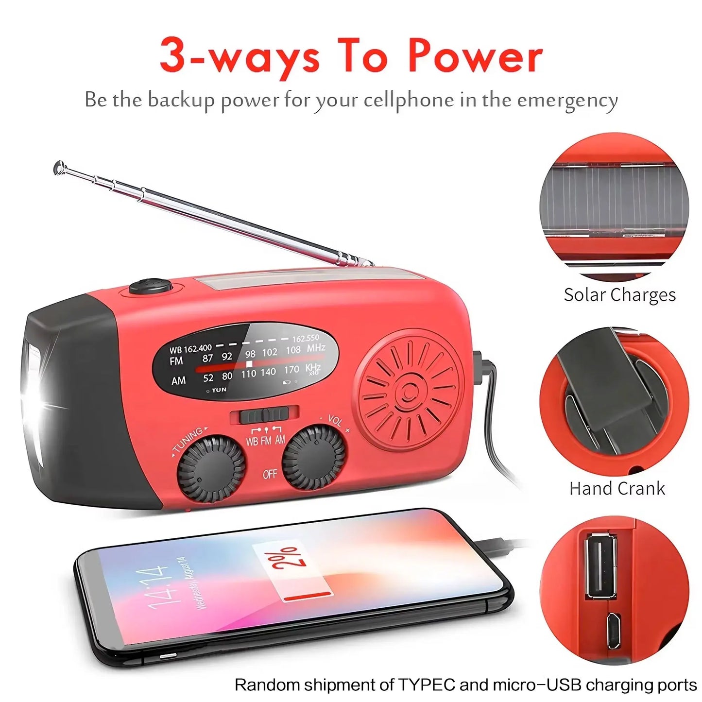 Wetterradio Notfall Multifunktionales Radio FM AM WB Handkurbel Solar USB-Ladefunktion 2000mAh Powerbank LED Taschenlampe