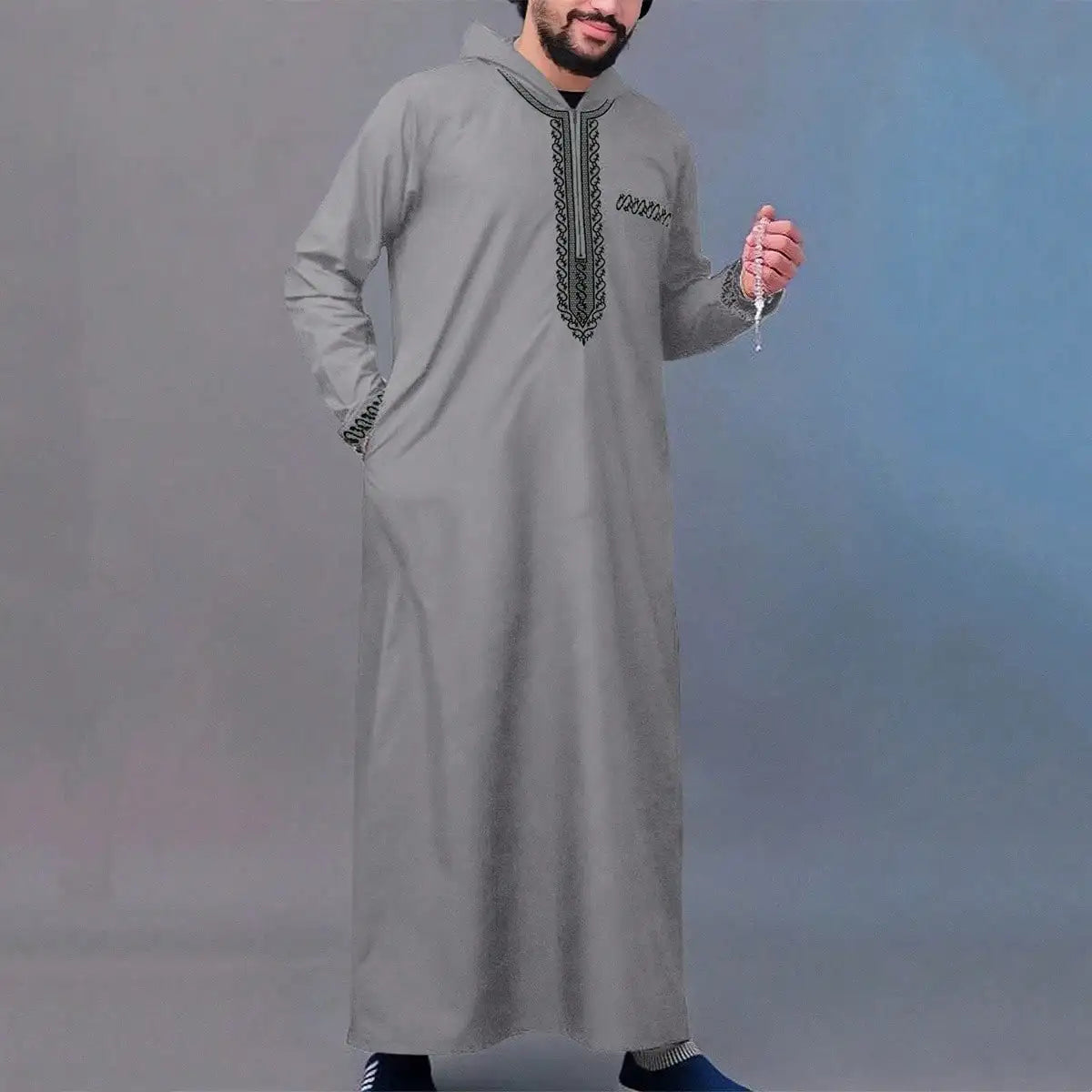 Moroccan men's thobe, long sleeve ethnic style embroidered stand collar zipper design Muslim men's fashionable Abaya Arabic fest