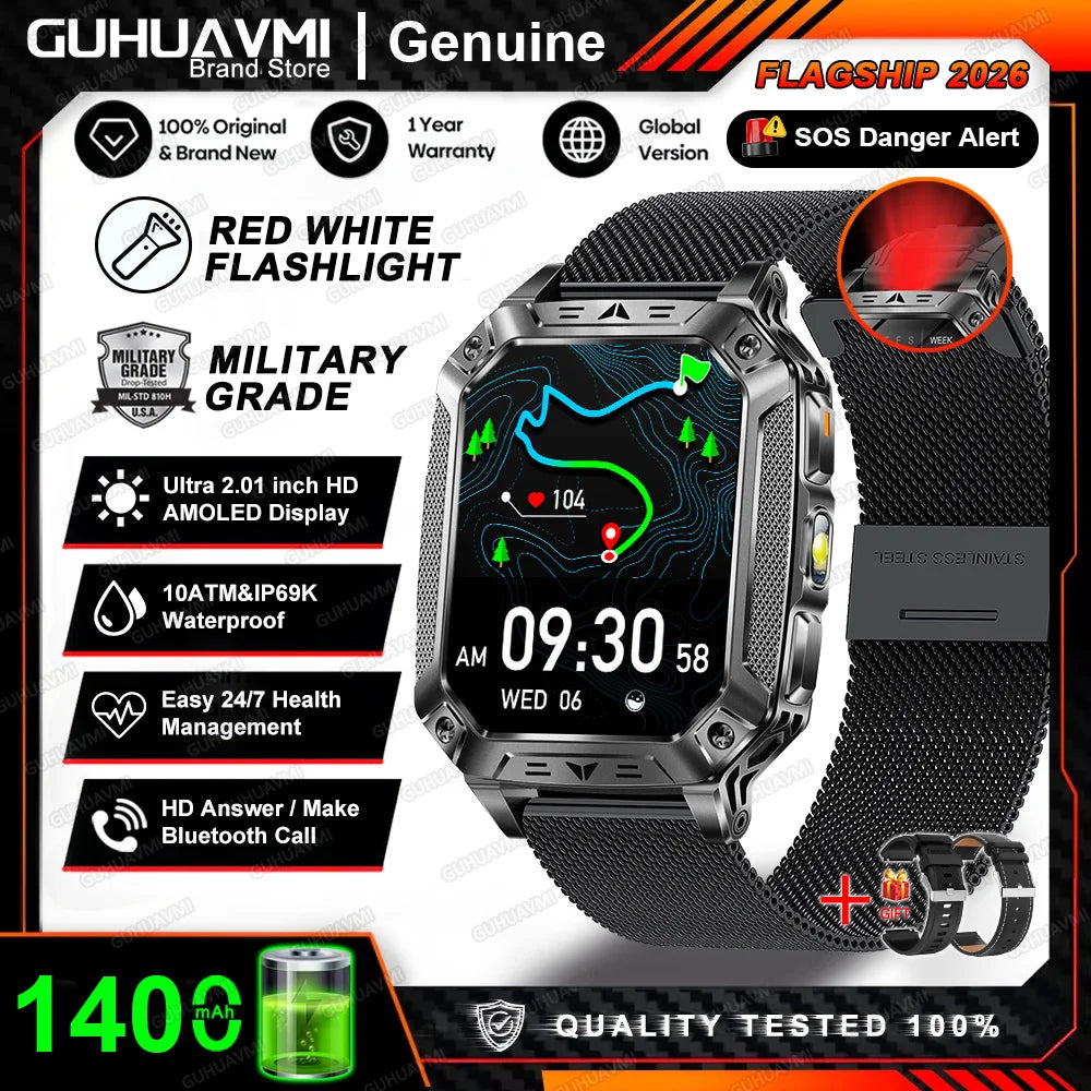 Montre connectée homme 2026 avec batterie ultra-large intégrée de 1400 mAh, GPS extérieur, écran AMOLED de 2,01", étanche 10 ATM, appel BT