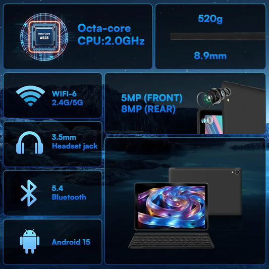 URAO 10 Zoll Tablet Android 15 8-Kern-Tablets 24GB+128GB 1TB Erweiterung WiFi 6 5MP+8MP Stift Tastatur Maus Kopfhörer PC PAD Set