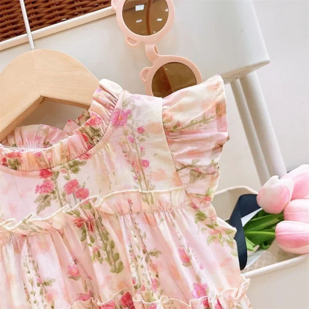 3-7 Years Old Summer New Princess Dress Pink Round Neck Sleeveless Lace Flower Print Girls' Casual Clothes Birthday Party Wear