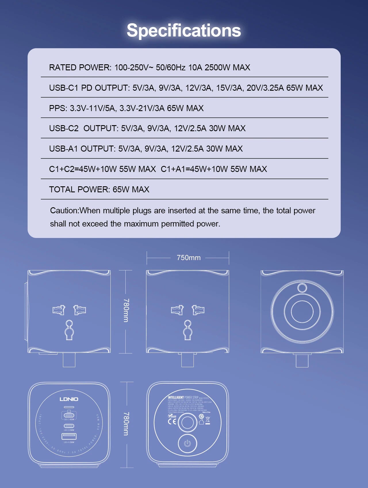 Multiprise cube LDNIO 3 prises universelles avec 3 ports USB 65W, protection contre les surtensions 2500W, cordon d'extension de 2m (fiche UK/EU/US) et interrupteur