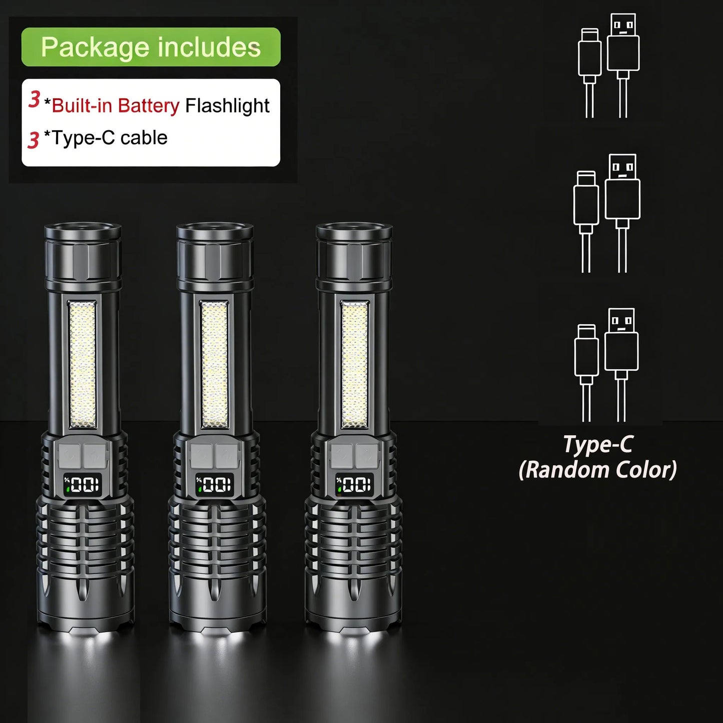 Super Bright COB LED Flashlight TYPE-C Rechargeable Zoomable With Side Light Waterproof Torch Camping Hiking Emergency Outdoor