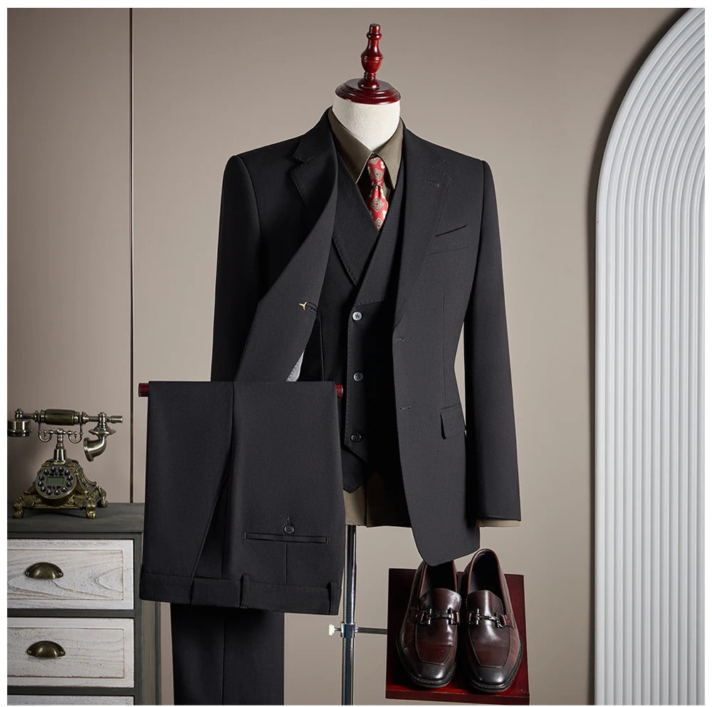 Ensemble de costume trois pièces en laine haut de gamme pour homme, élégant et décontracté, de couleur unie, idéal pour banquets et mariages.