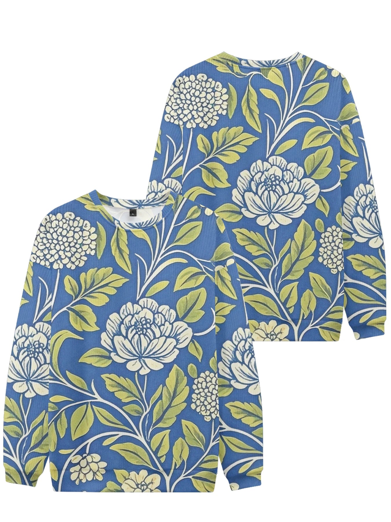Lebhaftes weißes Rundhals-Sweatshirt mit Blumendruck, vollflächigem botanischen Design mit bunten Blüten und Blättern, lässige Frühlingsmode für Paare