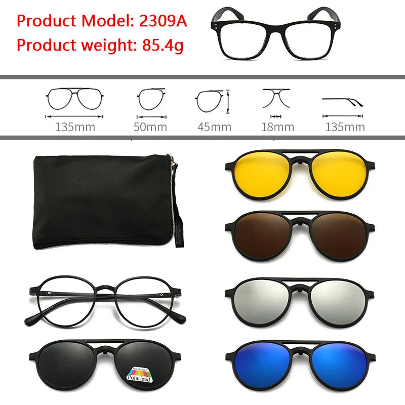 6 In 1 Polarized Sunglasses Men Women Magnetic Clip On Glasses TR90 Optical Prescription Eyeglass Frames Magnet Clips
