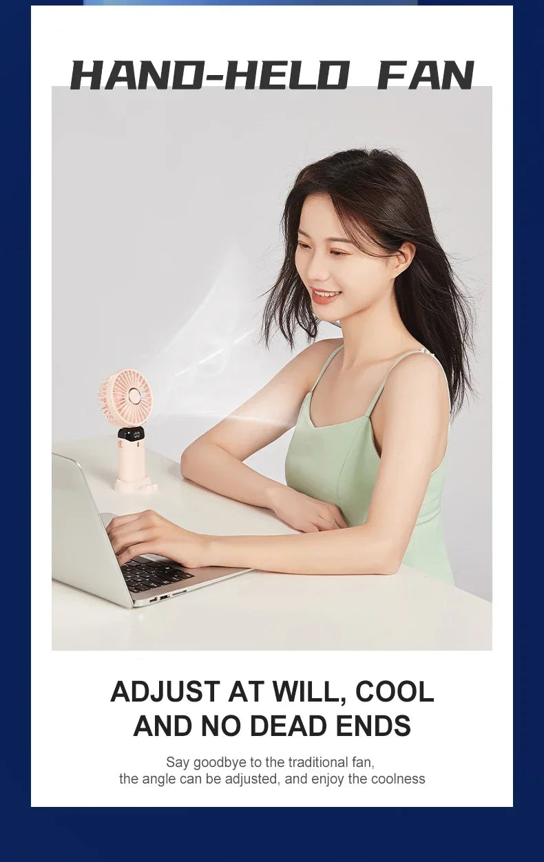 Mini ventilateur portable 3000 mAh pliable, à poser sur un bureau, à suspendre autour du cou, 5 vitesses, rechargeable par USB, support de téléphone, écran d'affichage