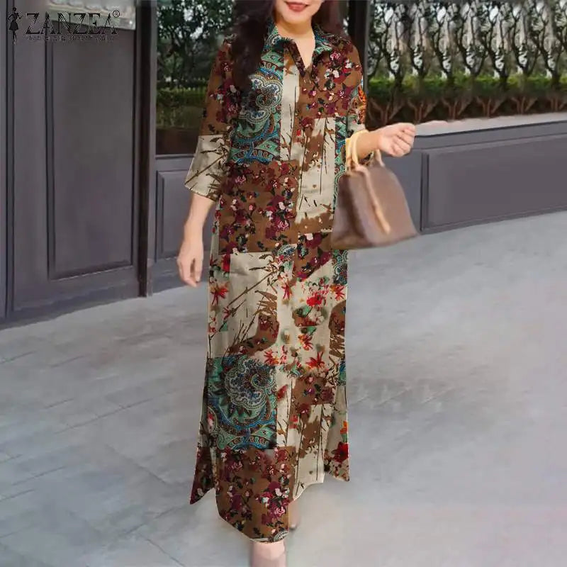 ZANZEA Robe longue à manches 3/4 pour femme, collection automne 2024, robe-chemise en coton avec col à revers, imprimé floral vintage, robe longue, nouveauté