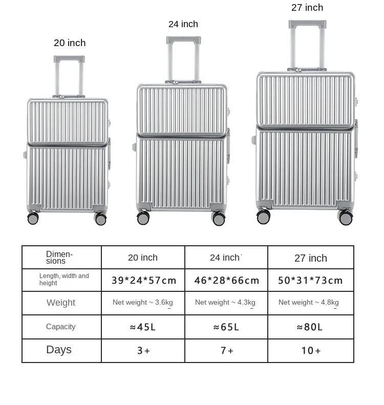 Neuer Koffer Aluminiumrahmen Frontöffnung Laptoptasche Multifunktionale Reisekoffer 20 Zoll Kabinengepäck Rollkoffer