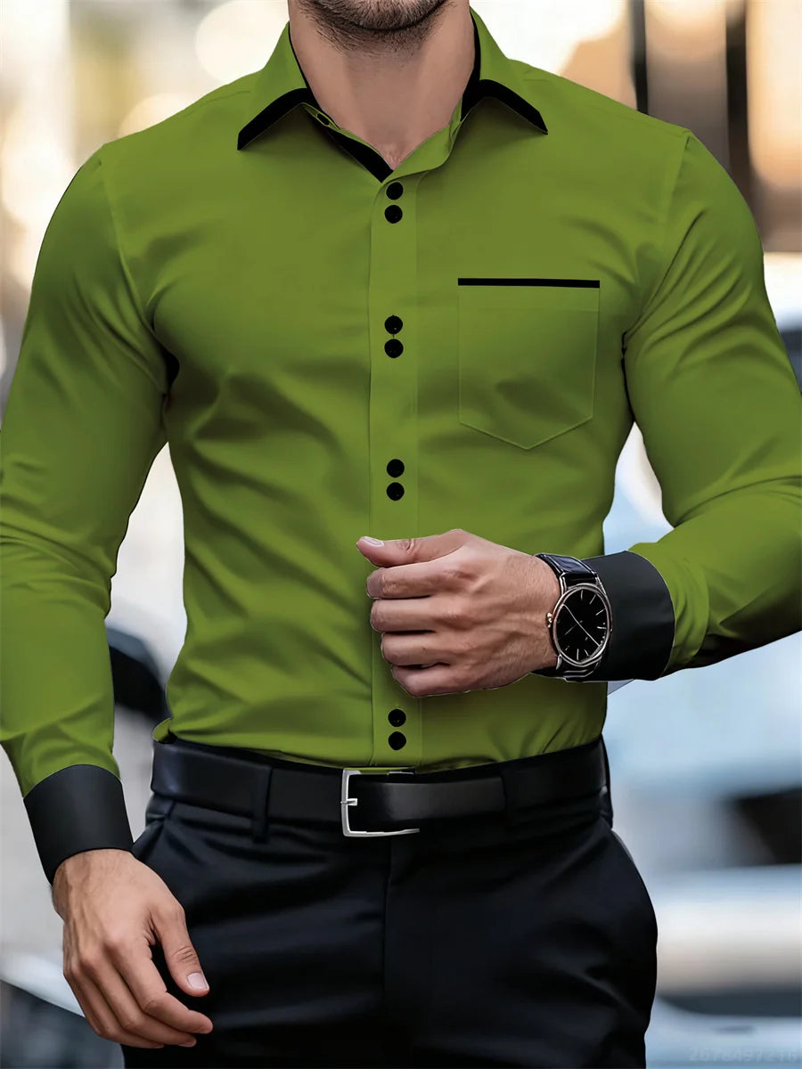 Chemise à manches longues et col color block pour hommes, coupe slim, infroissable, chemise patchwork noire et blanche, haut de mode pour hommes