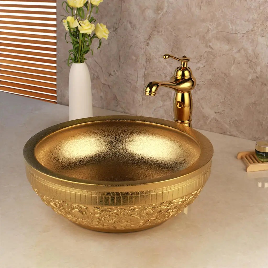 KEMAIDI Keramik-Waschtisch Gold mit Wasserhahn Porzellan-Waschbecken Aufsatzwaschbecken Luxus-Waschbecken für Badezimmer