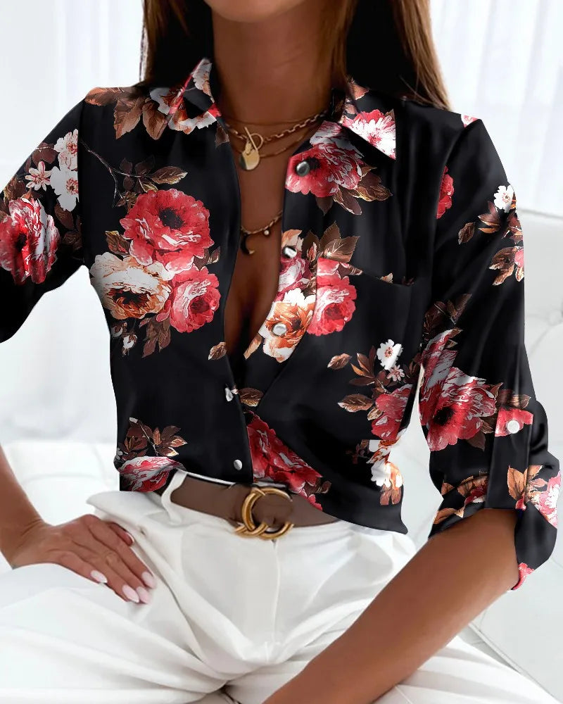 Elegante Damenbluse Frühling Herbst 2023 Temperament Top Langarm Streifenmuster Büro Slim Fit Tasche Hemd