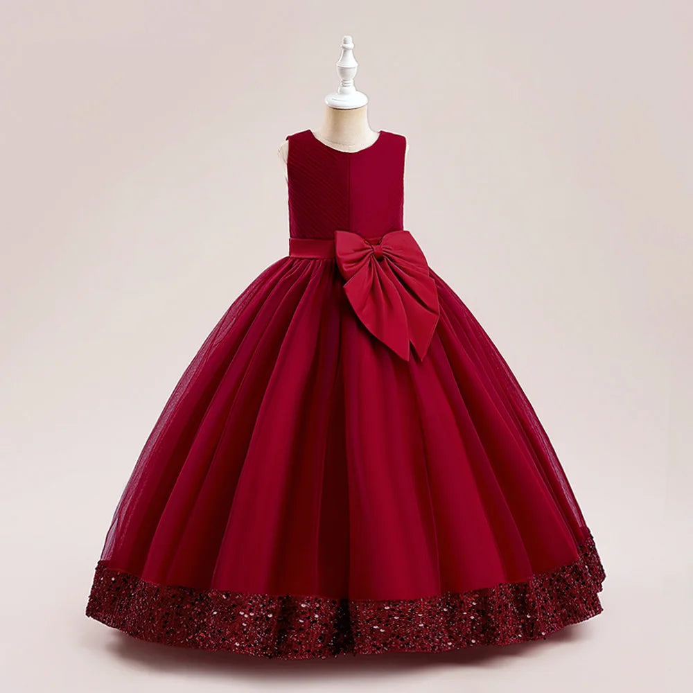 Fluffy Pailletten Brautjungfern Prinzessin Mädchenkleid Elegante Schleife Rosa Hochzeit Abschlussball Abend Kinder Partykleider für Mädchen Geburtstagskostüme