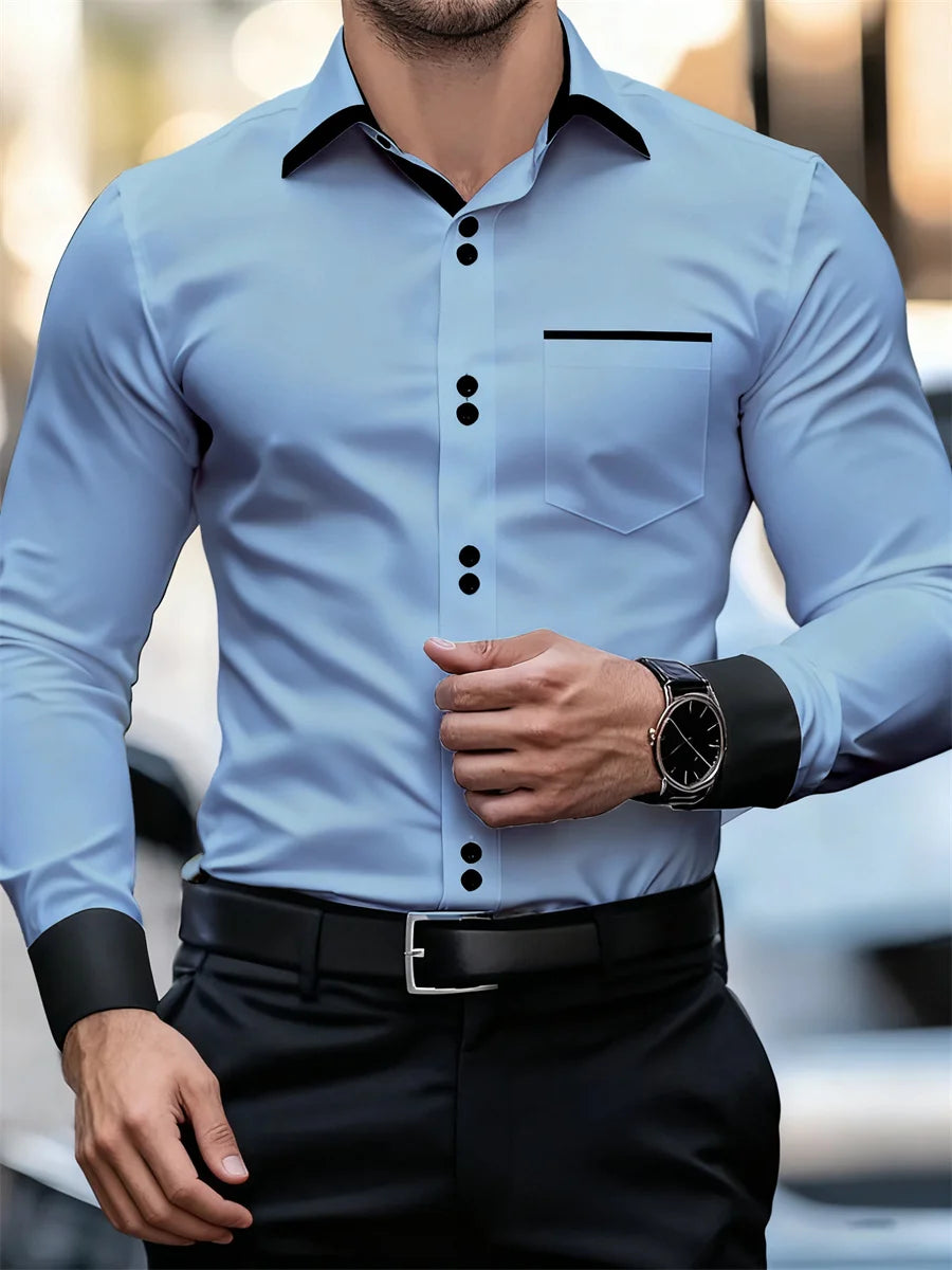 Chemise à manches longues et col color block pour hommes, coupe slim, infroissable, chemise patchwork noire et blanche, haut de mode pour hommes