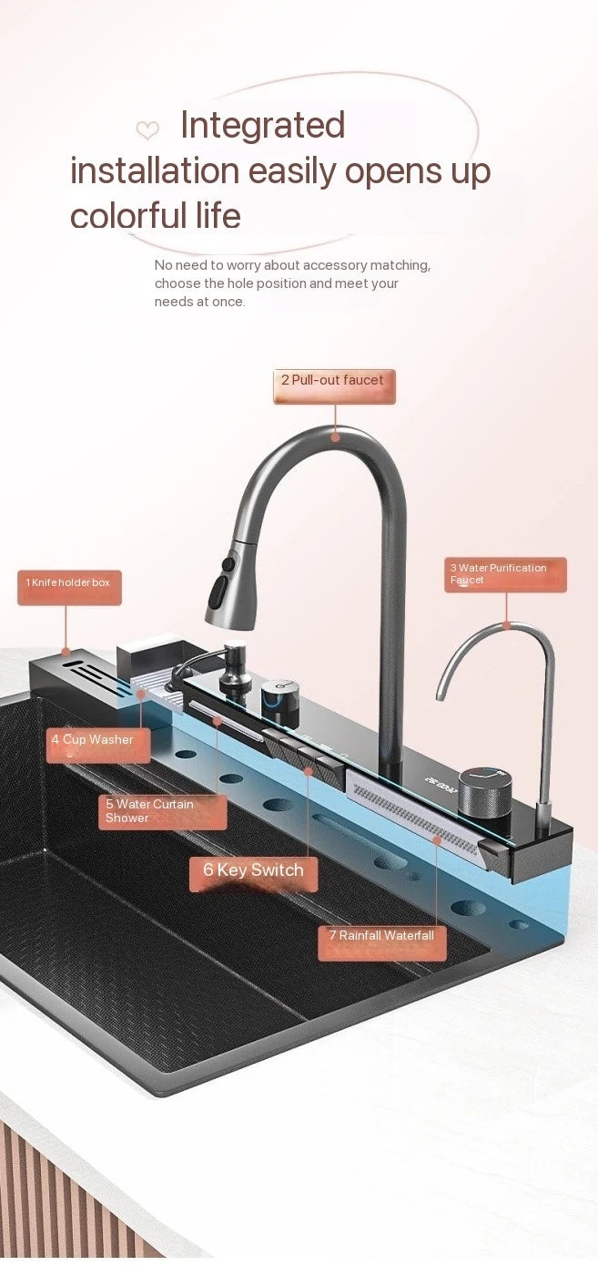 Integrierte Wasserfall-Küchenspüle Waben-Technologie Großes Digitaldisplay Edelstahl-Seifenspender Tassenspüler