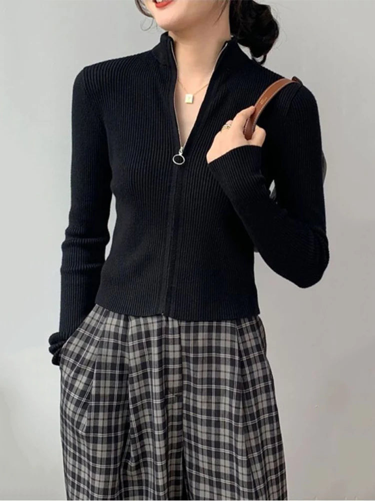 Frühling Herbst Reißverschluss Cardigan Damen Pullover Gestrickt Langarm Stehkragen Oberteile Koreanische Mode Kurzer Pullover für Damen