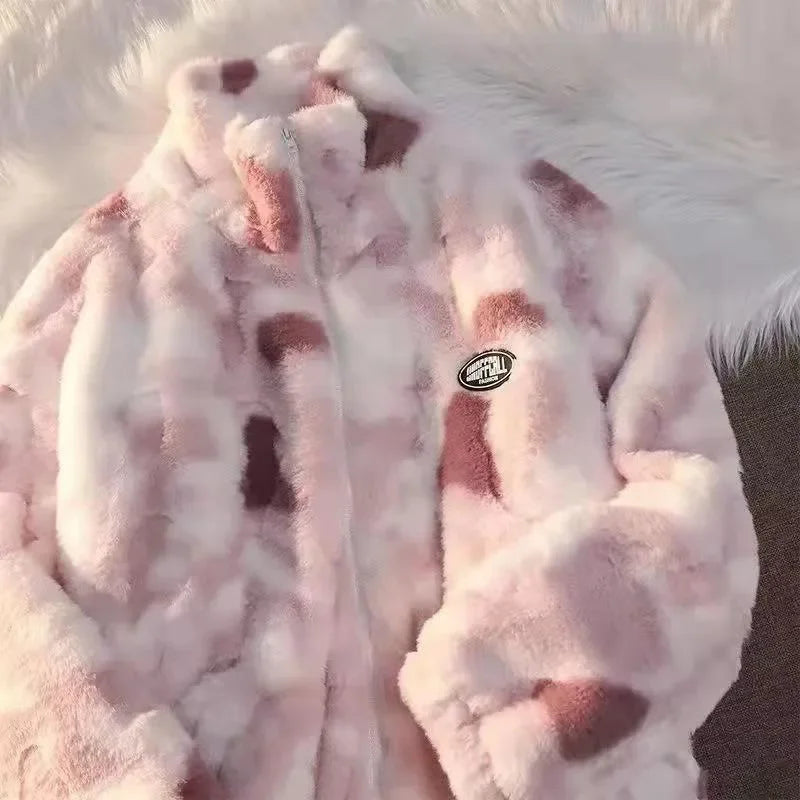 Neue Damen Batik Lammfelljacke Herbst Winter Reißverschluss Oberbekleidung Warme Plüschjacken Harajuku Lässige Lose Weibliche Dicke Jacke
