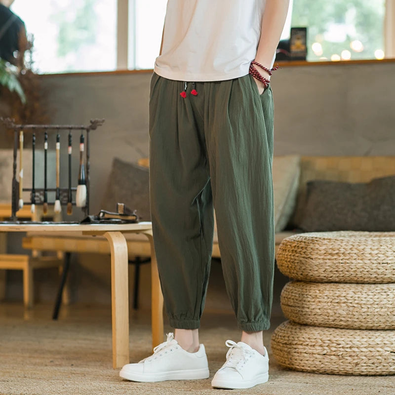 Pantalon Sarouel Homme Coton et Lin Décontracté Ample Grande Taille Pantalon de Plage Style Chinois Large Joggers Homme Été