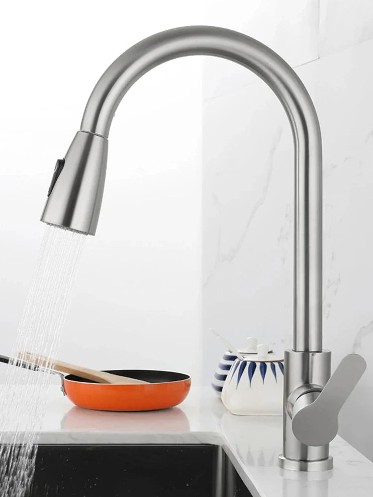 Küchenarmaturen Gebürstet Nickel Ausziehbare Küchenspüle Wasserhahn Deckmontierter Mischbatterie Strahlbrausekopf Heiß Kalt Armaturen Silber