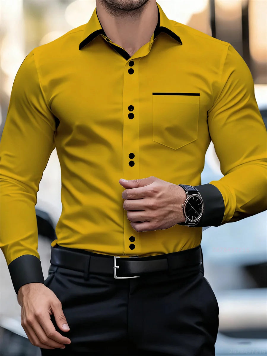 Chemise à manches longues et col color block pour hommes, coupe slim, infroissable, chemise patchwork noire et blanche, haut de mode pour hommes