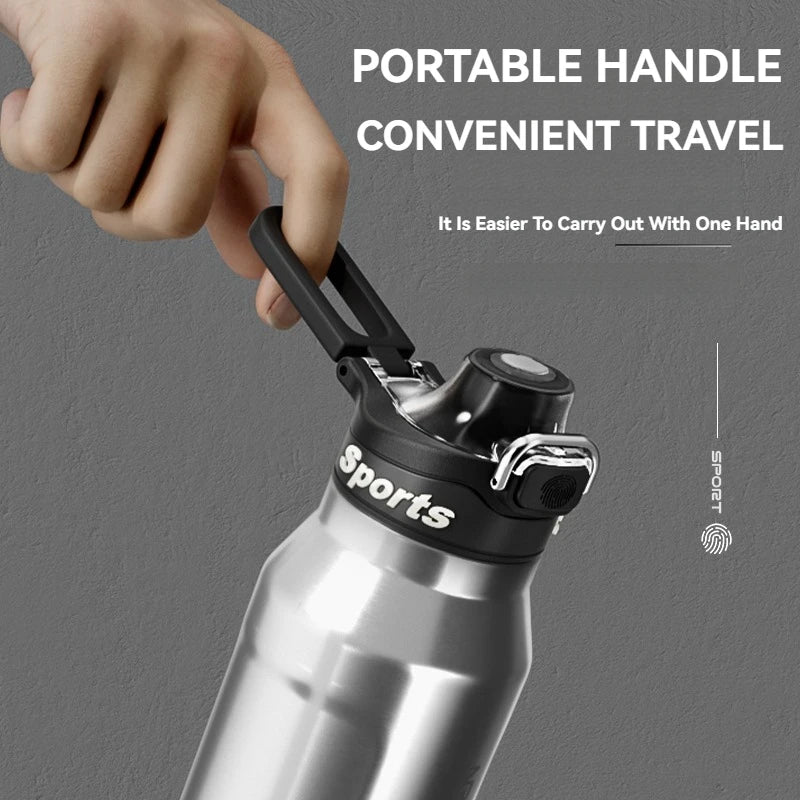 Bouteille d'eau isotherme chaude et froide en acier inoxydable, double paroi portable avec poignée, tasse de sport d'extérieur