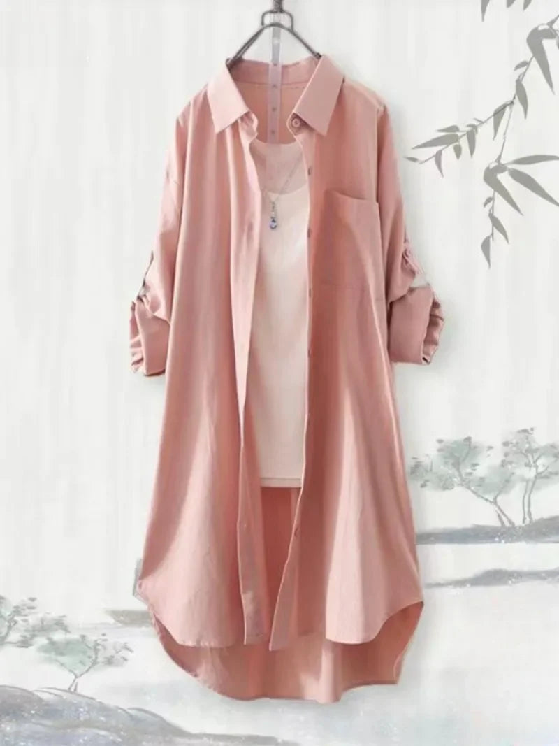 Chemisier ample grande taille respirant Chemise mi-longue coréenne décontractée Chemises d'automne Femme Chemises unies simples à manches longues