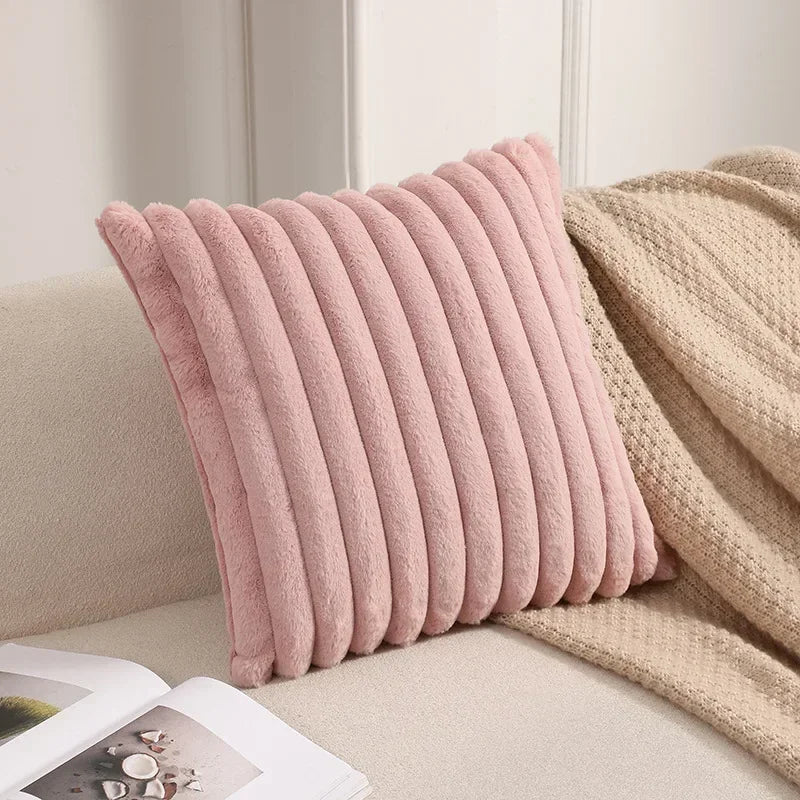 Housse de coussin en fausse fourrure de lapin, housse de coussin moelleuse et douce à rayures, oreillers décoratifs, décoration de luxe pour canapé
