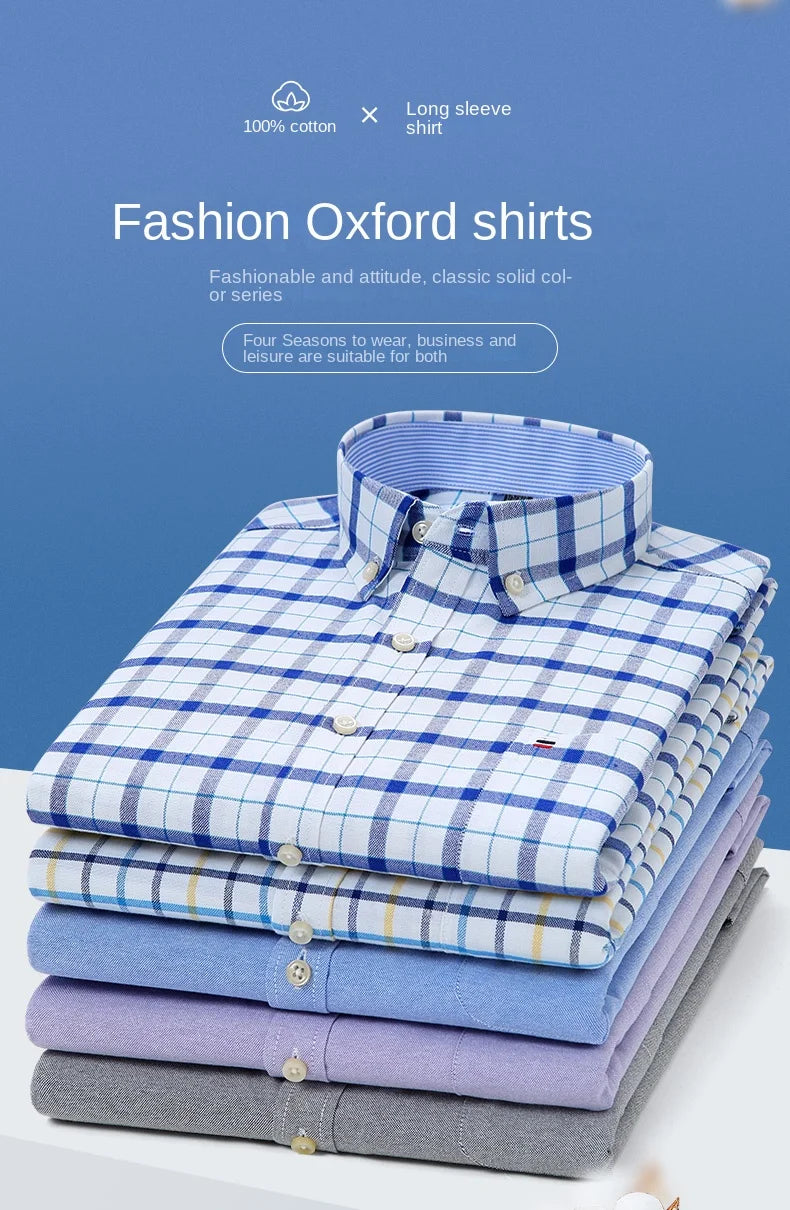 100-220 catties Plus Size Men's Shirt 100% Cotton Long Sleeve Business Casual All Oxford Spinning Plus Size Plaid Shirt