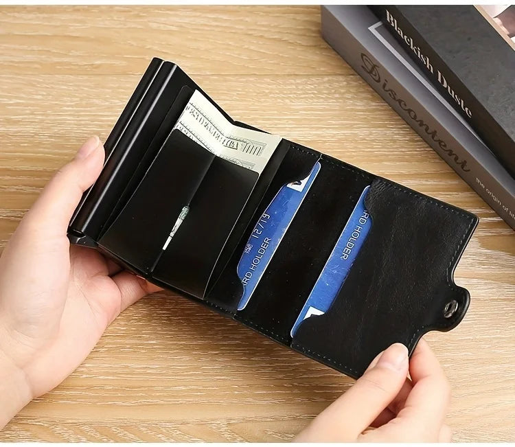 RFIDShieldPULather Automatic Pop-up Card Clamp,Double Aluminum Alloy Credit Card Wallet,With More than One Card Slots