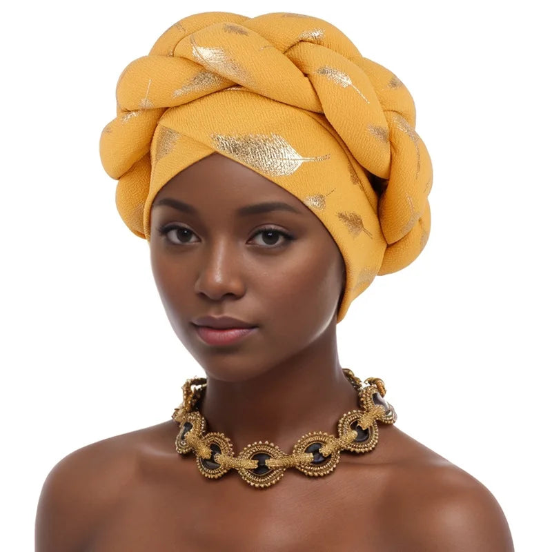 Afrikanische Bronzierung Kopfwickel Zopf Turban Kappen für Frauen Nigeria Hochzeit Geles Party Kopfbedeckung Haarteil Auto Gele Weibliche Kopfbedeckungen