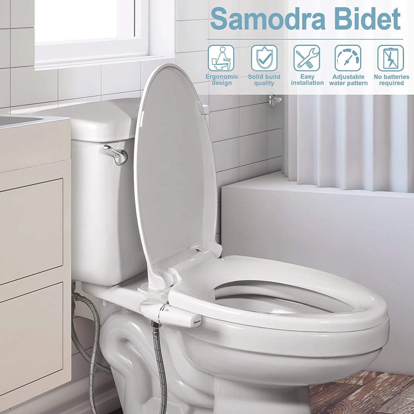 SAMODRA Fixation de bidet ultra-mince pour siège de toilettes, bidet à double buse, pression d'eau réglable, pulvérisateur non électrique pour l'hygiène intime
