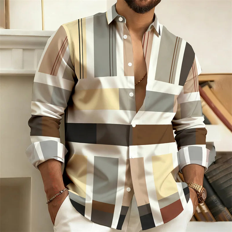Chemise Homme à Rayures Color Block Manches Longues, Chemise Décontractée Business Style Rétro, Haut Tendance Homme Coupe Slim, Tailles S-6XL