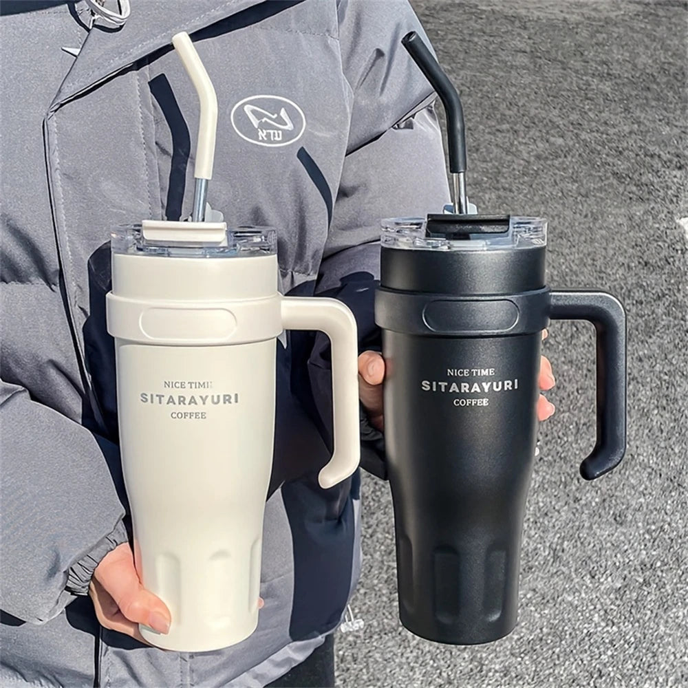 1 Stück Edelstahl-Eisbecher 1,14 Liter Isolierbecher mit Griff und Strohhalm Hält 24 Stunden kalt Auto-Isolierbecher Kaffee Wasser