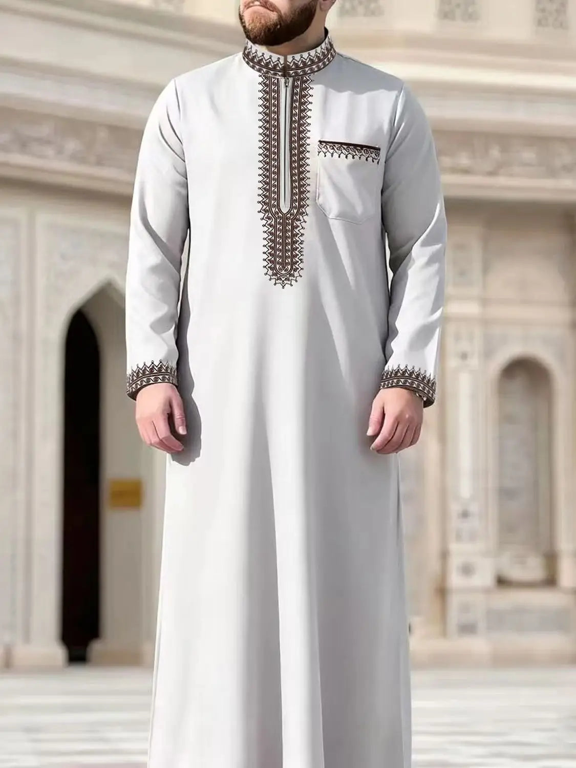 Thobe marocain pour hommes, manches longues, style ethnique brodé, col montant, fermeture éclair, abaya arabe tendance pour hommes musulmans