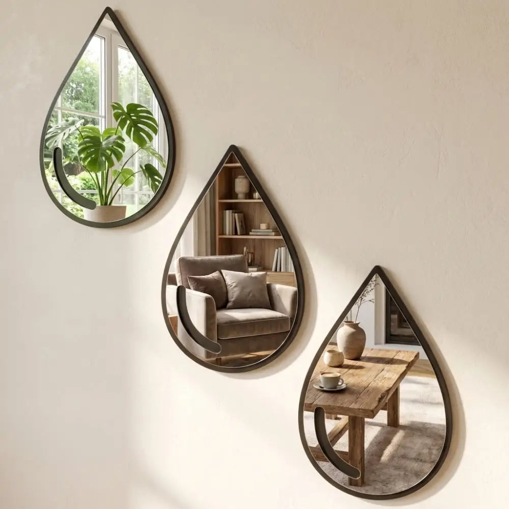 3 Pcs Autocollants Muraux Miroir Acrylique Autocollants Muraux Imperméables en Forme de Goutte d'Eau Miroir Cadre Noir Minimaliste