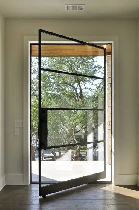 Portes d'entrée modernes pour maison, portes d'entrée en verre trempé de sécurité, porte pivotante en verre et aluminium pour villas, ouverture manuelle intérieure