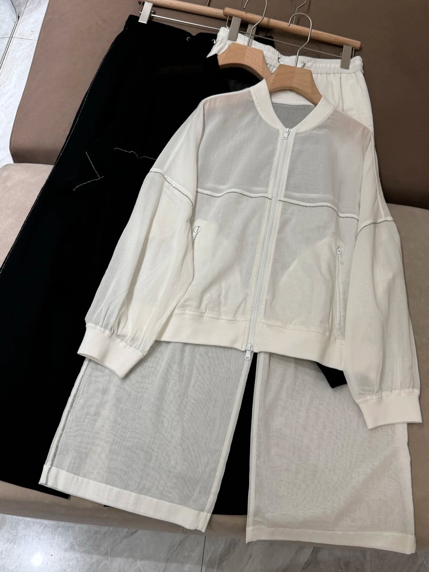 Spring Summer 2025 Women's Thin Cotton Sun Protection Suit Long Sleeve Zipper Jacket + Drawstring Straight Pants 2-Piece Set