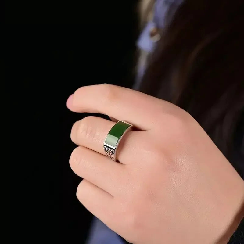 New Real Green Natural Hetian Jade Ring 925 Sterling Silver Ring Couple Rings Men Women Jewelry Lucky Stone Jade Finger Ring