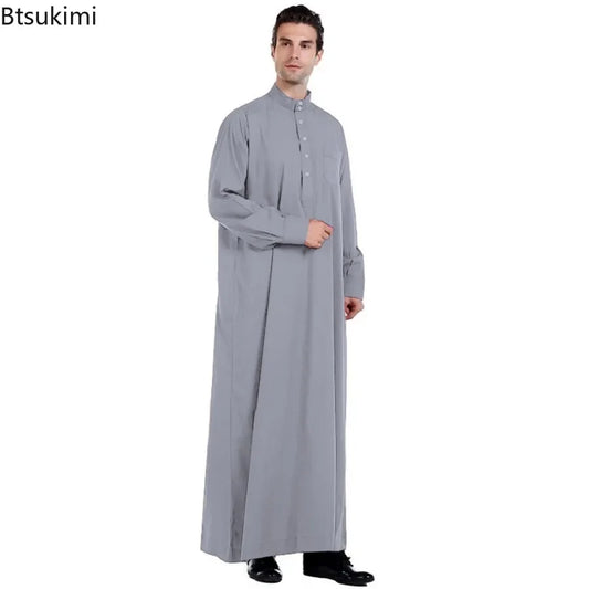 2026 Muslim Clothing Men Jubba Thobe Solid Long Sleeve Kaftan Stand Collar Casual Robe Moroccan Dishdasha Thawb Islamic Clothing