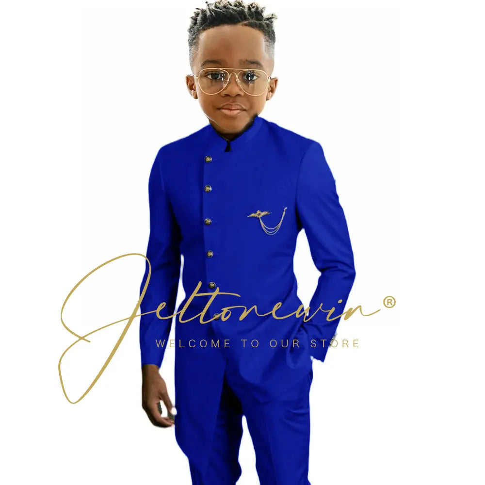 Königsblaues afrikanisches Design Jungen-Anzüge Set für Hochzeit Formeller Smoking Kinder Kostüm Klavieraufführung Maßgeschneiderte Kinder