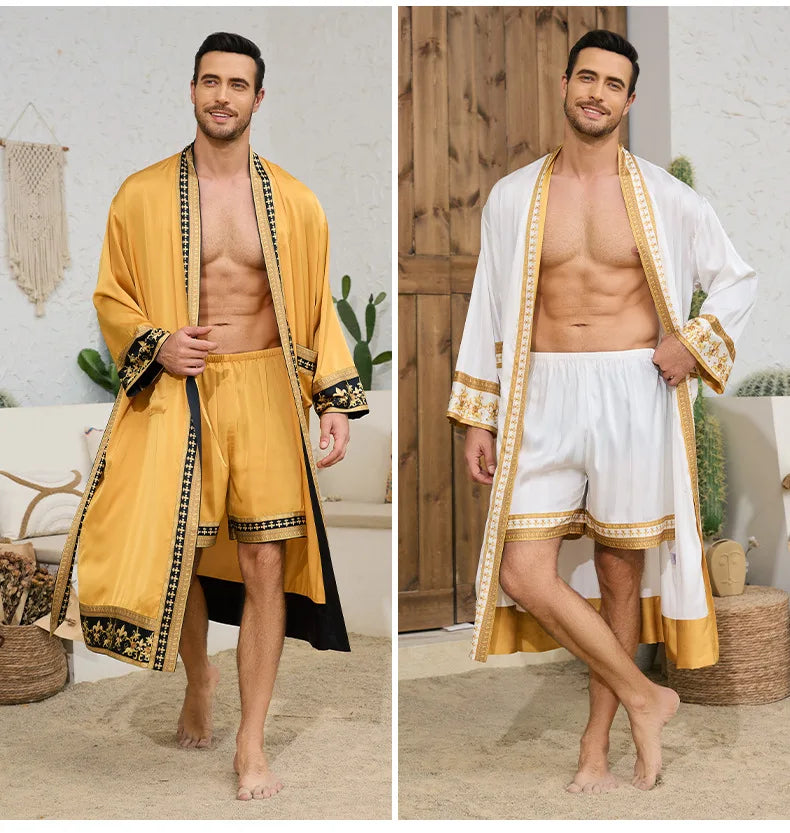 Frühling Sommer Neu Herren Schlafanzug 2-teiliges Roben-Shorts-Set Barockstil Seidensatin Kimono Bademantel Nachthemd Lose Homewear Loungewear