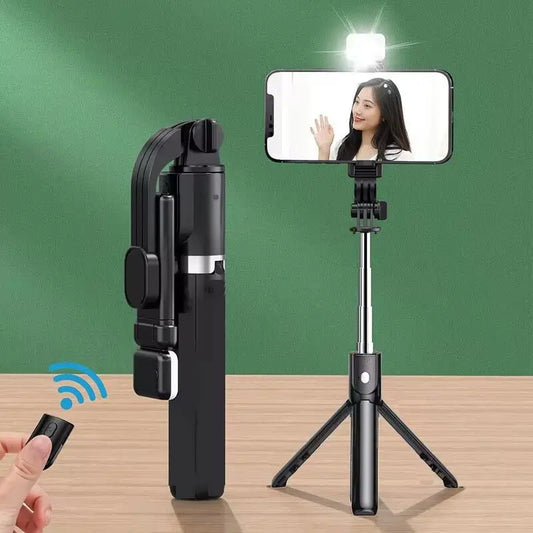 MEUYAG Tragbares, faltbares Selfie-Stick-Stativ mit Aufhelllicht und kabelloser Bluetooth-Fernbedienung für Telefone