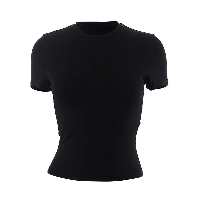 2025 Printemps Nouveau T-shirt à Manches Courtes Femme Uni Simple Décontracté Doux Polyvalent Chaud Basique Crop Tops Tees Mode d'Été