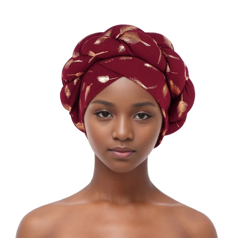 Afrikanische Bronzierung Kopfwickel Zopf Turban Kappen für Frauen Nigeria Hochzeit Geles Party Kopfbedeckung Haarteil Auto Gele Weibliche Kopfbedeckungen