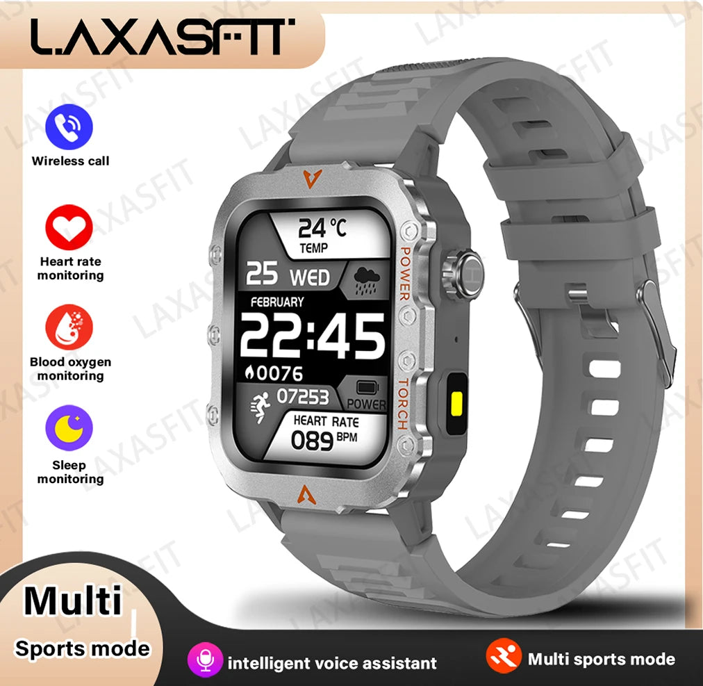 LAXASFIT Nouvelle montre intelligente pour homme Lampe de poche LED Montre intelligente de sport en plein air Surveillance de la santé Montre intelligente